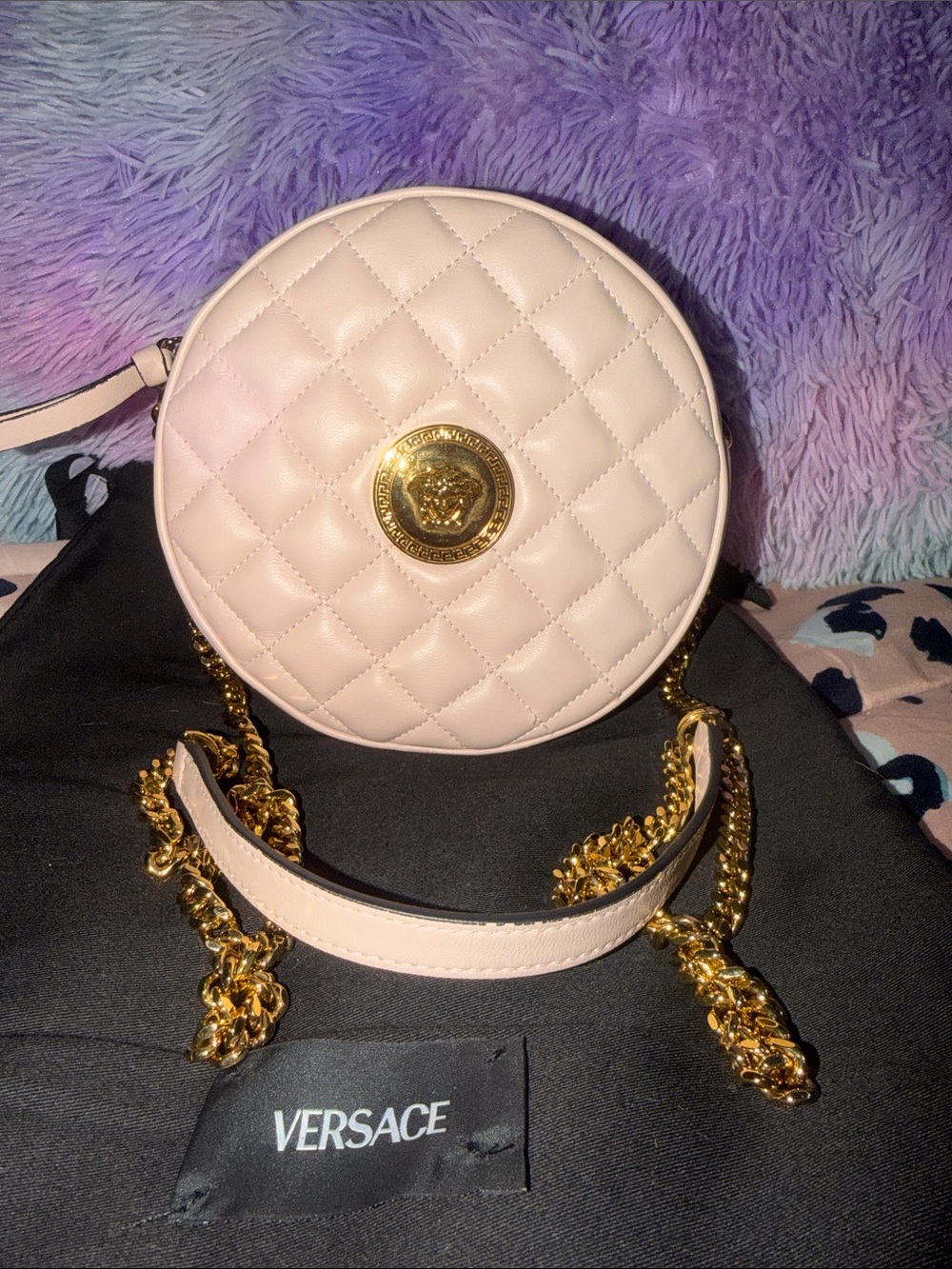 Versace Blush Quilted Round Crossbody Bag with Gold Medallion